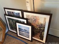 Four framed art prints grouped on floor showing various nature themes and differing sizes in dark wood frames with white mats.
