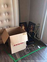 Showing the cardboard box open with Halloween decorations including a skeleton figure sitting beside it and two framed pictures near the box.