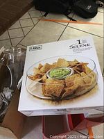 Boxed Libbey Selene chip and dip set with clear round glass divided dish, new in box.