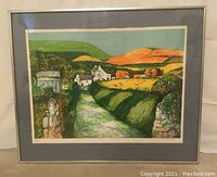 Full view of the framed lithograph featuring a farm scene with hedgerow lane and countryside hills.