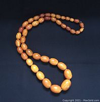 Full view of copal amber bead necklace laid flat on black background showing color variation and clasp