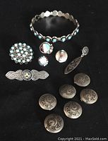 Photo showing all items including the six silver lizard button covers, bracelet, pin, and earrings on black background.