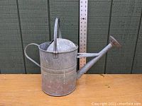 Side profile of the galvanized steel watering can showing the body, handle, spout, and ruler for size reference.