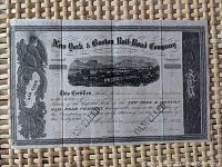 Full view of the stock certificate showing text, signatures, and stamped cancellations.