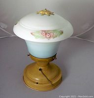 Photo showing the entire ceiling light fixture with the floral painted glass shade attached and brass/gold-tone metal base with pull chain.