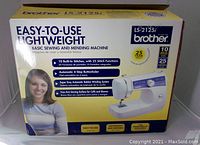 Front of the Brother LS-2125i sewing machine box showing easy-to-use lightweight basic sewing and mending machine features.
