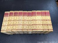 Ten volumes of Mark Twain books arranged side by side, showing the decorative spines.