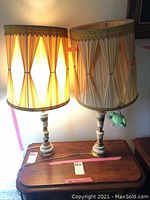 Pair of vintage lamps with pleated cream fabric shades and bases on a wooden table, lit to show shade texture and color.