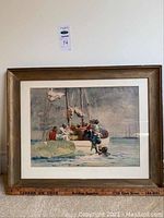 Framed watercolour painting showing a detailed maritime scene with people on a boat, set against a cloudy sky and calm water. Wooden frame and white matting visible.