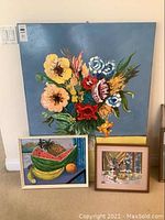 Large floral acrylic painting showing detailed blooms in vibrant colors on blue and yellow background