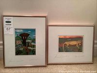 Two framed Francisco Sanabria prints titled Animal Kingdom showing elephant and leopard art