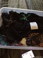 Overview of lot showing scarves with fringes, a leopard print bag, and some jewelry.