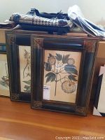 Two framed botanical prints stacked with dark ornate frames placed on a wooden surface
