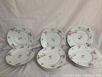 Photo of 12 white china dinner plates arranged in stacks and rows, each decorated with pink floral patterns on the rims and center.