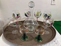 Full set on tray showing decanter, wine glasses, and smaller glasses