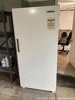 Front view of white upright freezer with handle and EnergyGuide label.