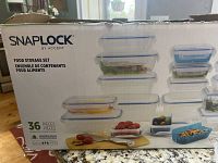 Box for Snaplock 36-piece food storage set showing product image and BPA free claim