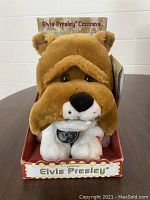 Front view of brown and white plush dog toy in original box, showing designer and collection name.