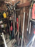 Wide view showing multiple garden tools leaning against wooden wall with some hanging inside a shed.