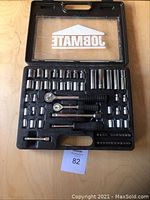 Top view of complete Jobmate socket set in black plastic case with clear lid, showing multiple socket sizes and accessories.