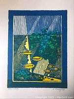 Full image of the linocut artwork showing the underwater scene with yellow fish, green coral, and blue background.