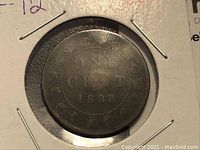 Reverse side of the 1888 Large Cent coin displaying the denomination 'ONE CENT' and the year '1888'. Coin housed in a cardboard and plastic holder.