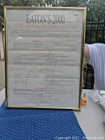 Front view of Eaton's 2000 framed mission statement poster showing gold frame and visible text through glass.