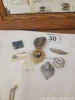 Photo showing eight assorted brooches including carved, glass stone, enamel, and ornamental designs.