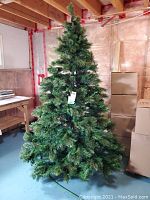 Full view of the artificial green Christmas tree standing approximately 7.5 feet tall in a basement-like unfinished room, showing dense foliage and built-in lights.