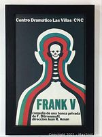Framed vintage Cuban cinema print poster showing skeleton graphic with green, red and white outlines, text at top and bottom.