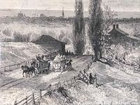 Close-up of engraving showing detailed rural and urban scene including horses, cart, houses, and distant city skyline.
