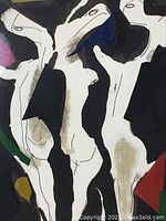Close-up view of three abstract female forms and multicolored geometric shapes on the lithograph