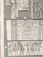 Close-up of copper engraving showing Egyptian hieroglyphics, statues, and figures.