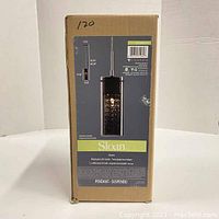 Boxed pendant lamp showing front with lamp image and product details dimensions.