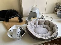 Overview of two cat water fountains: a white ceramic fountain with power adapter and a gray water fountain with extra filter, along with a round beige cat bed and a bristle arch scratcher on a square base.