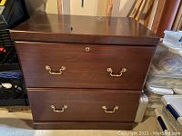 Front view of locked filing cabinet with two drawers and brass handles.