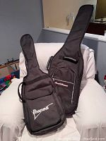 Front view of the two black guitar gig bags: Ibanez on left, Roadrunner on right