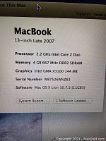 About This Mac window showing model, processor, memory, graphics, serial number, and OS version.