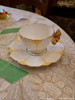Teacup seated on matching saucer showing overall design and color scheme