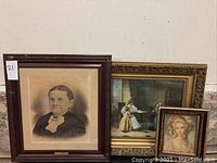 Three framed women portrait lithographs together: one larger sepia portrait, one medium painting scene, one smaller colorful portrait.