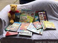 Overview of all children’s books and Winnie the Pooh stuffed animal arranged on a white cloth covering an outdoor surface.