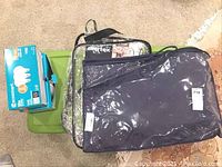 View of the green plastic storage tote with lid, two plastic storage bags in zippered covers (transparent and navy blue), and three boxes of Ecosmart LED light bulbs on carpeted floor.