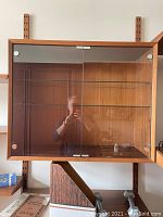 Glass-fronted wooden wall cabinet mounted on vertical rails