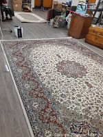 Full view of rug on floor showing pattern and overall condition