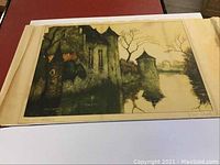 Julien Celos signed lithograph showing a moody castle scene with water reflection, detail of lithograph