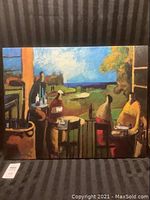 Full view of unframed canvas painting showing abstract figures with bottles and chairs in a landscape setting