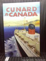 Full view of unframed artwork on canvas showing a Cunard ship on the water under a bridge with the text 'CUNARD to CANADA' at the top.