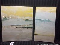 Two abstract unframed paintings by J. Dore on canvas, showing horizon style landscape with textured paint in muted earth tones.