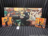 Full set showing the unframed Frank Morrison canvas painting with two smaller musician plaques on either side
