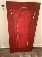 Full view of the painting depicting a red kimono on canvas.